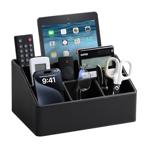 MEIBOOCH Leather Desk Organizer, Luxury Office Supplies Remote Control Holder with Coaster - Suits Office Desk, Side Table, End table, Bedside - Gifts for Men (Black),10.2 x 7 x 5.4 Inches