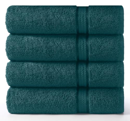 COTTON CRAFT Ultra Soft 4 Pack Oversized Extra Large Bath Towels 30x54 Teal Weighs 22 Ounces - 100% Pure Ringspun Cotton - Luxurious Rayon Trim - Ideal for Everyday use - Easy Care Machine wash