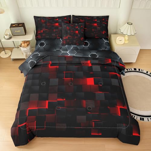 Peopleareok 6 Piece Black and Red Checkered Comforter Sets Twin for Boys, Soft Microfiber Geometric Checkered All Season Bed in a Bag for Dorm with Sheets, Pillowcase, Decorative Pillow