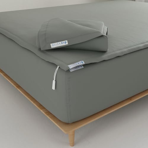 QuickZip Fitted Plus Spare Bundle: 1 Fitted Sheet (Base + Zip Sheet) & 1 Zip Sheet - Easy to Change, Won???t Pop Off - Soft Sateen 400 TC 100% Cotton ??? 17.5??? Deep Pockets Calking Size ??? Slate Gray
