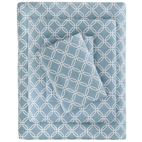 SLEEP PHILOSOPHY True North Cozy Flannel 100% Cotton Ultra Soft Cold Weather Sheet Set Bedding, Full, Blue Geo 4 Piece