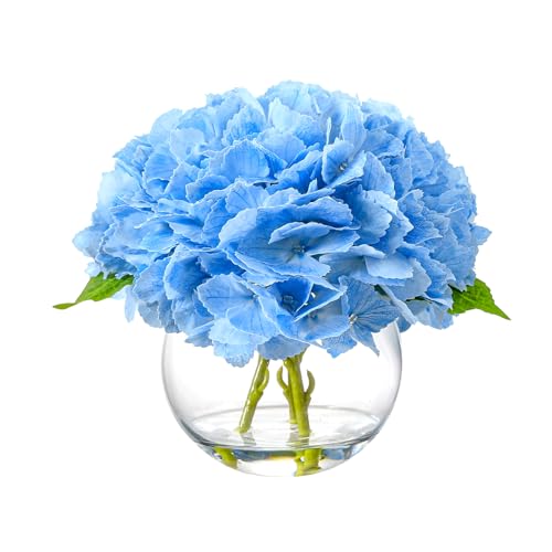 Wenhuidr Artificial Hydrangea with Fake Water in Vase, Real Touch Faux Flowers, Silk Fake Hydrangea Flower Arrangement with Faux Water for Home Office Bathroom Wedding Table Centerpiece Decor(Blue)