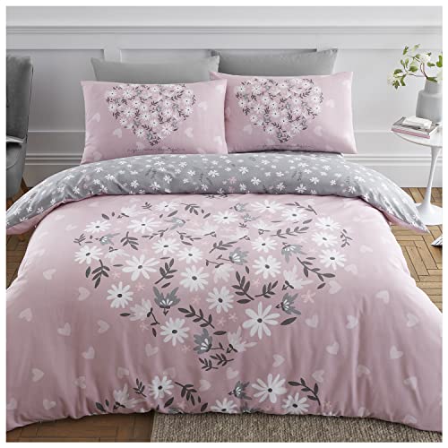 GC GAVENO CAVAILIA Heart Duvet Cover Sets, Soft & Cosy Leaf Bedding Single Bed Set, Reversible Flower Bed Covers, Blush Pink