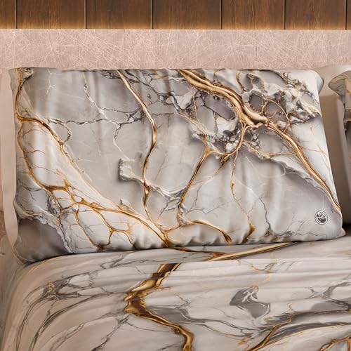 MARBLELIZED – Pair of Pillow Cases for Bed 50 x 80 cm, Printed Front/Back, Pillow Cases, Pair of Elegant Pillowcases with Light Grey Marble Effect, Gift Idea, 100% Made in Italy