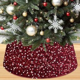 Burgundy Velvet Sequin Christmas Tree Skirt & Base Cover - Rustic Burgundy Tree Collar for Decorations
