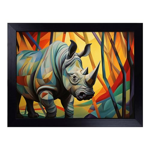 Lap Tray with Bean Bag Cushion, Rhino Art Deco - Handmade in the UK, Raised Wooden Edge, Padded Cushion, Heat-Resistant Wipe-Clean Surface, for Meals, Laptops and Crafts