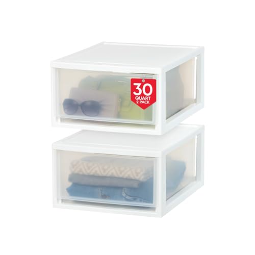 IRIS USA 30 Qt. Plastic Drawer Storage Organizer Stacking Drawers, 2-Pack, Stackable Unit with Sliding Drawer for Clothes Bedroom Kitchen Under Sink Pantry Craft Room Bathroom Dorm Office, White