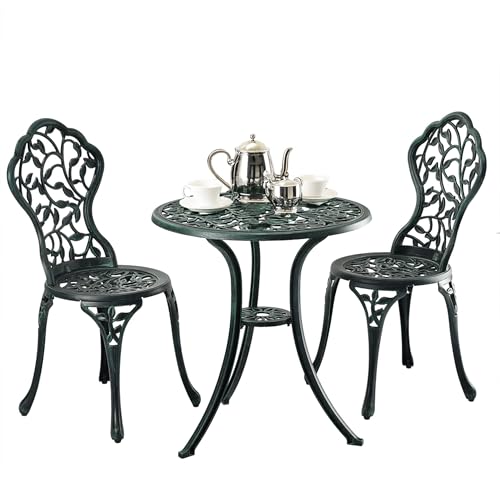 Relaxdays 3-Piece Garden Furniture Set, Table & 2 Chairs, Cast Aluminium, Balcony Set with Leaf Design, Green