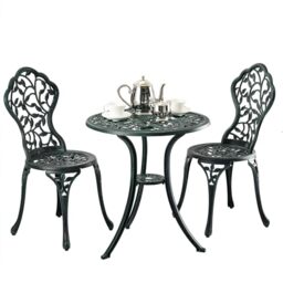 Relaxdays 3-Piece Garden Furniture Set, Table & 2 Chairs, Cast Aluminium, Balcony Set with Leaf Design, Green