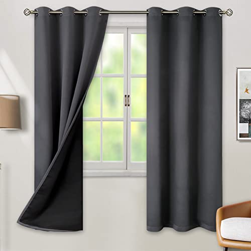 BGment Thermal Insulated 100% Blackout Curtains for Bedroom with Black Liner, Double Layer Full Room Darkening Noise Reducing Grommet Curtain (42 x 72 Inch, Dark Grey, 2 Panels)
