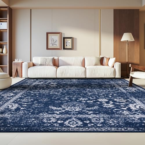 Safavieh Distressed Rug for Living Room, Dining Room, Bedroom - Adirondack Collection, Short Pile, in Navy and Ivory, 183 x 274 cm