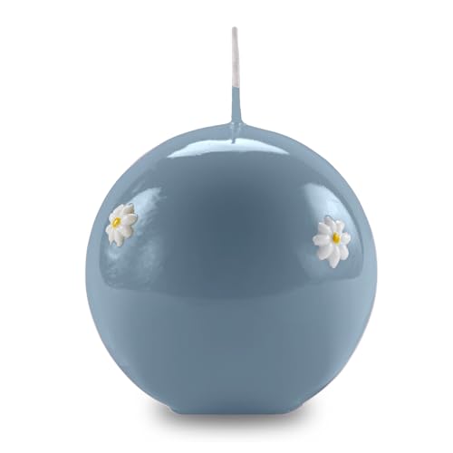Cereria Di Giorgio - Sphere Candle Decorated with Daisies - Colour Dusty Blue - Diameter 10 cm - Burning time 49 Hours - with Gift Bag - Spring Collection - Handmade