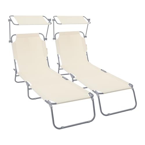 VOUNOT® Set of 2 Folding Sun Lounger with Adjustable Backrest & Sunshade, 4-Position Reclining Sun Bed, Portable Outdoor Garden Chair, Max Load 120kg, Beige