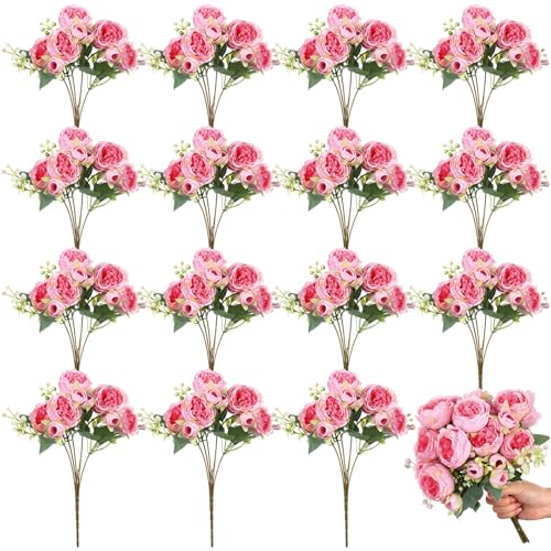 Crowye 16 Bundles Artificial Peonies Realistic Flowers with Stems Bouquet Peonies for Table Centerpieces Wedding Decoration Bridal Floral Arrangement (Dark Pink)