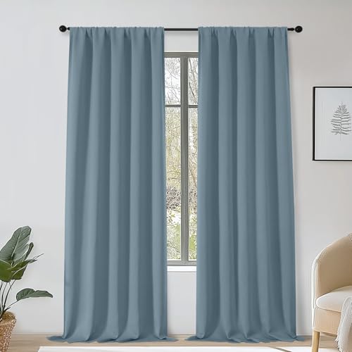 OWENIE Sally Stone Blue Blackout Curtains 96 Inches Long 2 Panels Set for Bedroom Living Room, Solid Thermal Insulated Privacy Room Darkening Window Treatment Drapes, 2 Pcs Each W50 x L96, Stone Blue
