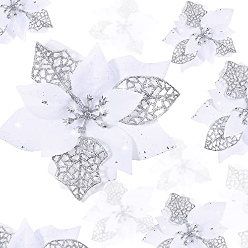 Boao 24 Pieces Christmas Glitter Poinsettia Flowers Glitter Artificial Xmas Flowers Wedding Christmas Tree New Year Ornaments (White)