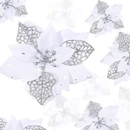 Boao 24 Pieces Christmas Glitter Poinsettia Flowers Glitter Artificial Xmas Flowers Wedding Christmas Tree New Year Ornaments (White)