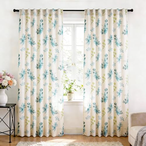 SpaceDresser Boho Linen Curtains 96 Inch Length, Vintage Blue Floral Pattern Curtains for Living Room 2 Panels, Linen Vintage Farmhouse Printed Rustic Drapes, 52 x 96 inch