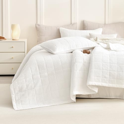 CozyTide Oversized King Quilt 120x120,100% Cotton Waffle Weave White Oversized King Bedspread 3 Pieces Lightweight Ultra Soft Farmhouse California King Coverlet Set Extra Soft