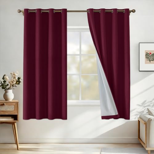 CYCMACO 100% Blackout Curtains for Bedroom, Black Out Curtains 63 Inch Long, Linen Blackout Curtains for Living Room, Full Light Blocking Grommets Curtain, Thermal Curtains(2 Panels, Burgundy)