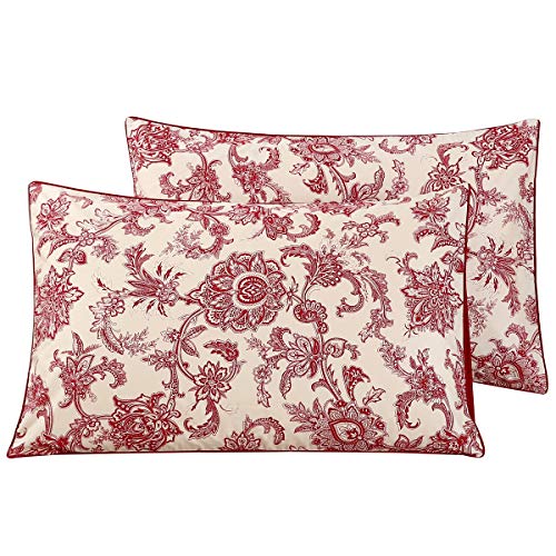 WINLIFE Cotton Pillow Cases King Size Set of 2, 20x36, Red Vintage Floral - Long Staple Cotton, Soft and Breathable, Retro Flowers Style, Envelope Closure Design