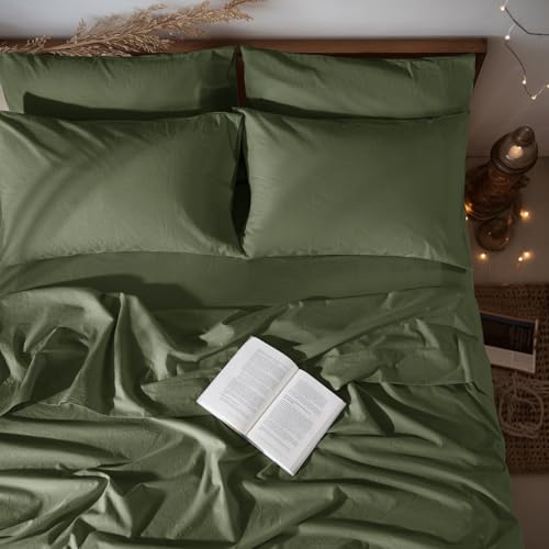 "LBRO2M 100% Linen Sheet Set Queen Size, Bed Sheets 6 Piece Sets,Solid Color Natural Flax Bed Sheets Soft Breathable Bedding,16"" Deep Pocket,All Season (Queen, Olive Green)"
