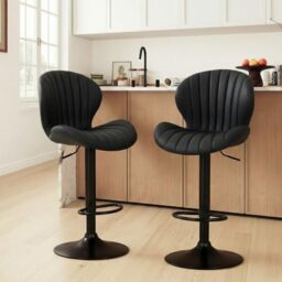 MALOL Breakfast Bar Stools Set of 2, Modern Swivel Kitchen Bar Chairs, Adjustable PU Leather Upholstered Barstools Counter Height with High Backrest for Kitchen Island, Dining Room, Black