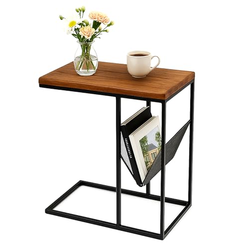 Relaxdays side table with magazine compartment, HWD: 63x30x51 cm, wood, metal, C-shape, industrial design, brown/black