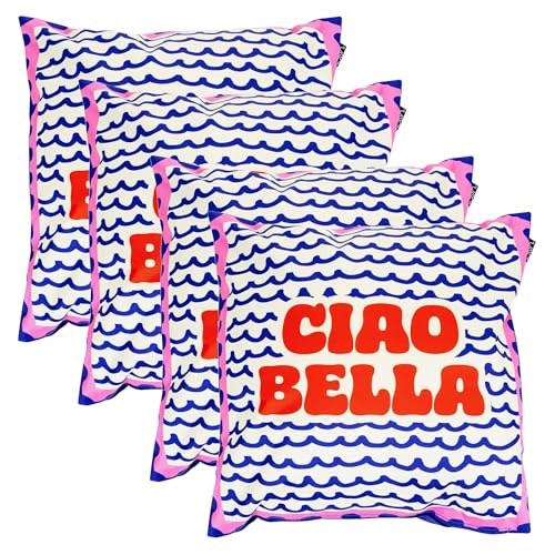 icon Indoor Outdoor Cushions Filled, Italian Collection, Ciao Bella Print, Set of 4, 43cm x 43cm, Water Resistant, Blue Outdoor Cushions for Garden Furniture, Lounge, Garden, Patio