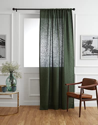 Solino Home European Flax Linen Curtain Forest Green, 52 x 96 Inch Light Filtering Rod Pocket Curtain 96 Inch, 100% Pure Linen Window Treatment for Living Room, Bedroom - 1 Panel