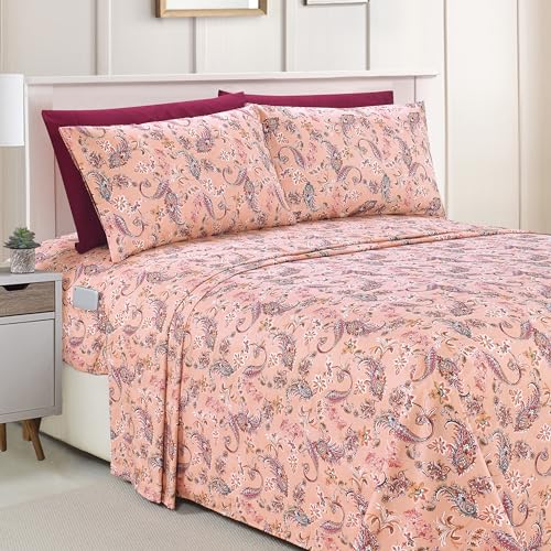 Elegant Comfort Amelia Paisley Printed 6-Piece Sheet Set, Deep Pocket 1500 Premium Hotel Quality, Fade and Wrinkle Resistant, Fitted Sheets with Smart Pockets, Paisley Sheet Set, King, Coral