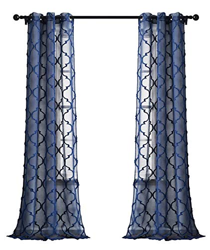 "Lush Decor Navy Avon Trellis Grommet Sheer Window Curtain Panel Pair (84"" x 38"")"