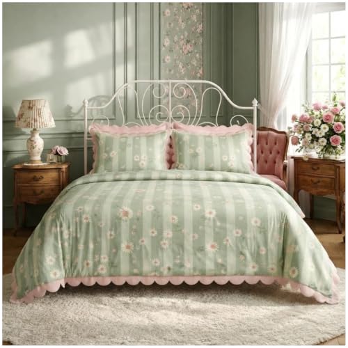 GC GAVENO CAVAILIA Floral Check Duvet Cover Single With Pillow Case, Green - Breathable, Washable Super Soft Single Duvet Cover Set - 2 Piece Bedding Set Reversible Quilt Cover Button Closure, 135x200cm