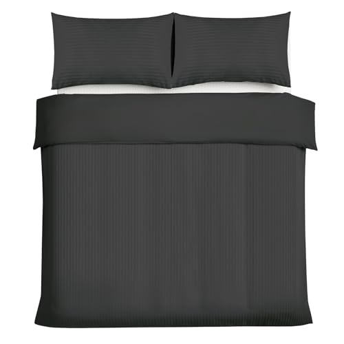 Good Nite Double Duvet Cover Sets Satin Stripe Brushed Microfiber Bedding Set 3 PCS with Pillowcases Ultra Soft with Corner Straps (Black, Double)