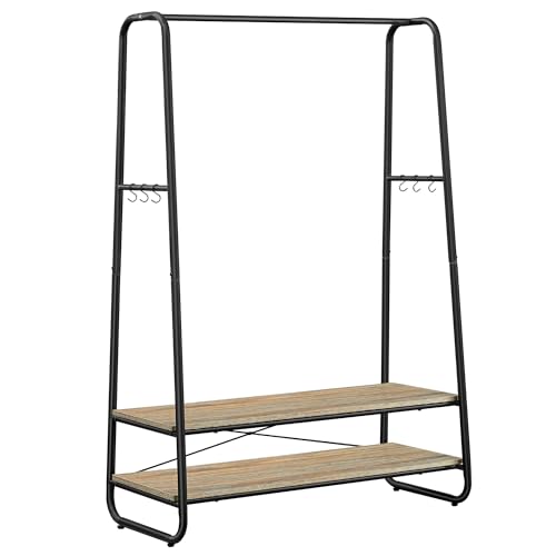 VASAGLE Clothes Rail, Heavy-Duty Clothes Rack, 2 Shelves, Steel Frame - Tidy Rail, 6 S-Hooks, for Bedroom, Contemporary, Matte Black and Rustic Brown, COLTEN Collection RGR112K01