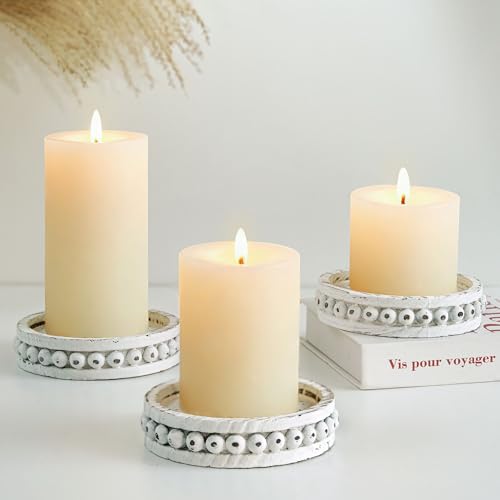 Hanobe Wood Candle Plate Holder: Small Candle Plate Set of 3 Decorative White Round Beaded Tray Farmhouse Boho Table Centerpiece for Fireplace Dining Room Home Decor