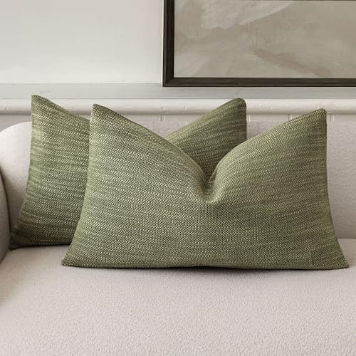 Foindtower Set of 2 Decorative Textured Burlap Linen Throw Pillow Covers Farmhouse Boho Lumbar Cushion Cover Solid Accent Pillowcase for Couch Sofa Bed Living Room Home Decor,12??20 Inch,Olive Green