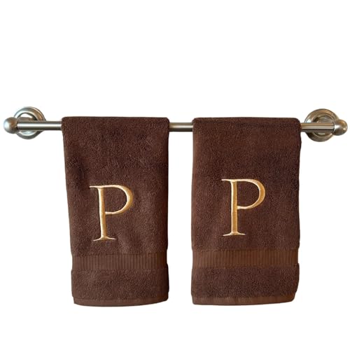 Brown with Beige Monogrammed Hand Towels for Bathroom - Set of 2 Letter P - Luxury Hotel Quality Initial Towels For Powder Room, Spa, GOTS Organic Certified