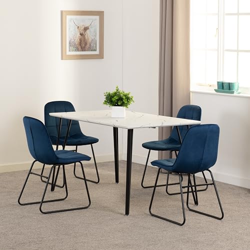 Seconique Marlow Dining Set with Lukas Chairs in White Marble Effect/Black/Sapphire Blue Velvet