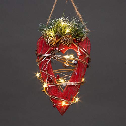 19cm Red Wooden LED Heart Hanging Ornament Christmas Holiday Home décor with 15 Warm white LEDs, 12 x 19h cm
