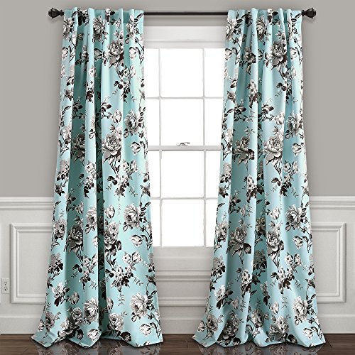 Lush Decor, Blue and Gray Tania Curtains - Floral Garden Room Darkening Window Panel Set for Living, Dining, Bedroom (Pair), 84” x 52