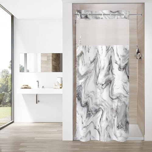 MitoVilla Grey Marble Small Stall Shower Curtain 36 x 74, No Hooks Required Half Size Narrow Fabric Shower Curtain Set with Snap-in Liner for Modern Bathroom Decor