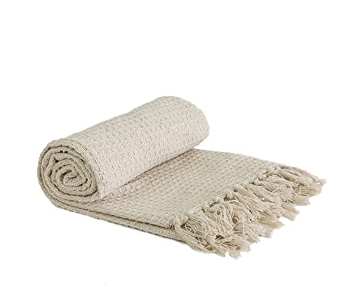 Emma Barclay Honeycomb - Recycled Cotton Plain Waffle Textured Chair Sofa Setee Throw Over Blanket in Ivory Cream - 70x100 (178x254cm)