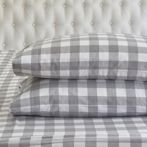 Elegant Comfort Ultra Soft 4-Piece 100% Turkish Cotton Flannel Sheet Set - Buffalo Check Plaid Flannel Sheets, Warm and Cozy Premium Quality, Deep Pocket Fitted Sheet- Full, Gray