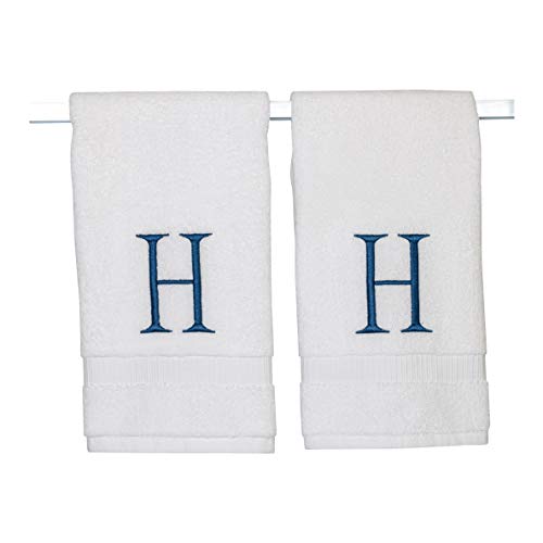 White with Navy Monogrammed Hand Towels for Bathroom - Set of 2 Letter H - Luxury Hotel Quality Initial Towels For Powder Room, Spa, GOTS Organic Certified