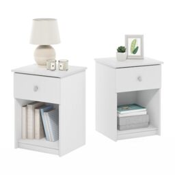 Furinno TIDUR Night Stand Set of 2, Nightstand with Drawer, Bedside Table, End Table, Side Table with Storage Shelf, Knob Handle Drawer, for Bedroom, Living Room, White