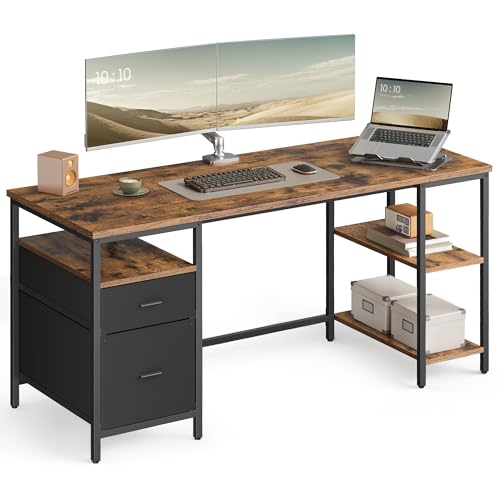 VASAGLE Computer Desk, Work Desk with Storage, 3 Shelves, 2 Drawers, 60 x 160 x 76 cm, for Home Office, Living Room, Industrial Style, Rustic Brown and Matte Black LWD105K01