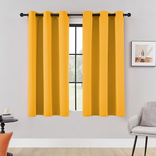 HUTO Short Blackout Curtains Drapes - Thermal Insulated Antique Copper Grommet Black Out Drapery Panels for Basement Bathroom Small Windows, Set of 2, 42 Inch by 45 Inch, Gold Yellow