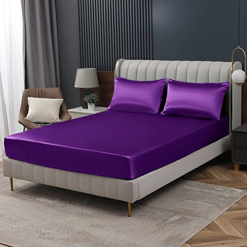 Homiest Purple Satin Fitted Sheet ??? Single Bed, Deep Pocket, Ultra Soft Luxury Bedding