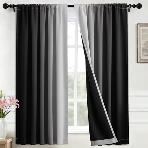Yakamok 100% Blackout Curtains 63 inches Long, Room Darkening Black and Greyish White Curtains Ombre for Bedroom,Gradient Rod Pocket Window Curtains for Living Room,2 Panels,52x63 inch